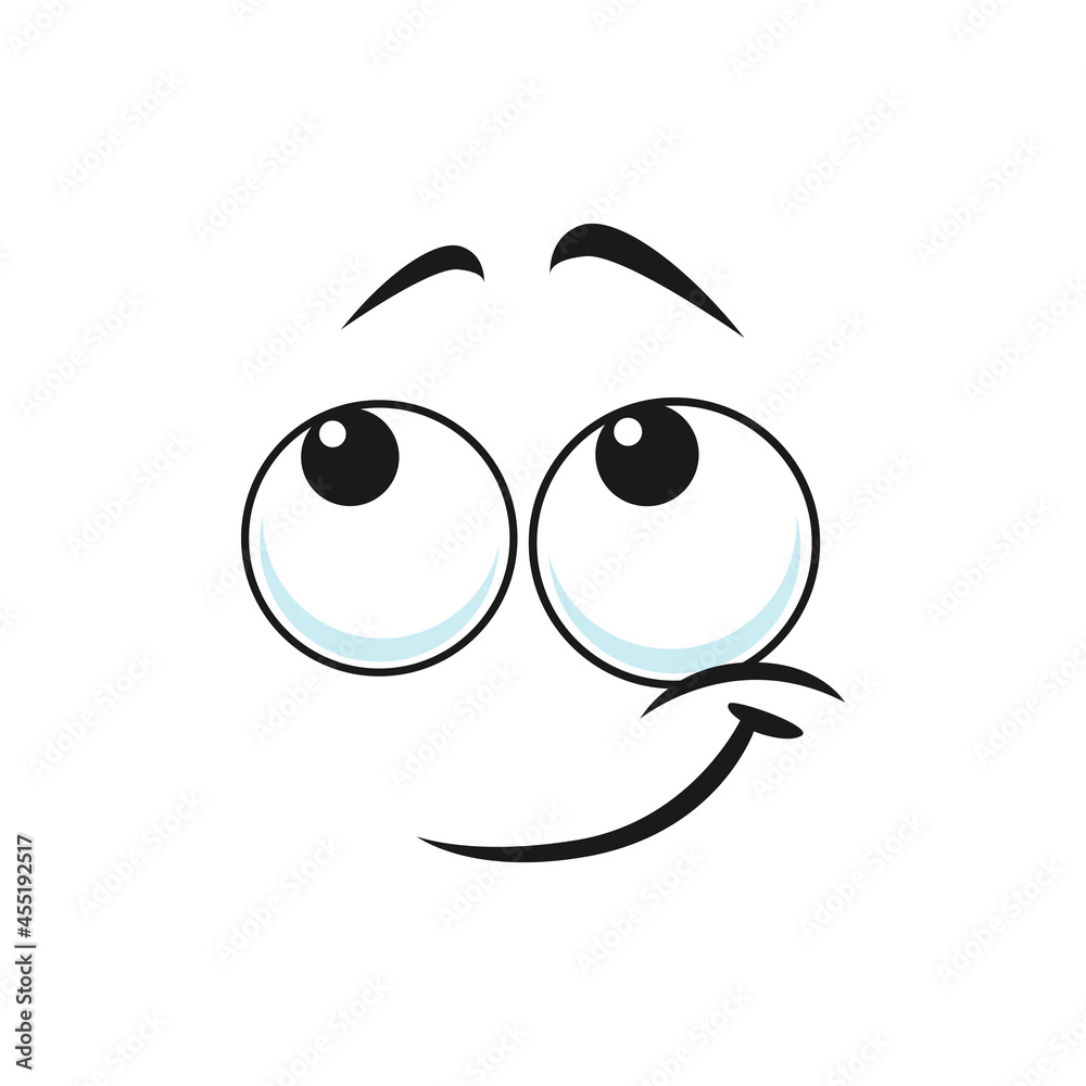 Self-confident, successful smiley with eyes looking up isolated emoji.  Vector trustful confining emoticon with a side smile. Trusting gullible  emoji, confused or puzzled smiley, credulous person Векторный объект Stock  | Adobe Stock