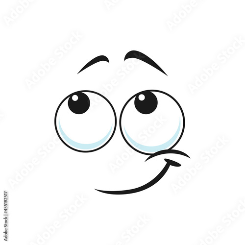 Self-confident, successful smiley with eyes looking up isolated emoji. Vector trustful confining emoticon with a side smile. Trusting gullible emoji, confused or puzzled smiley, credulous person