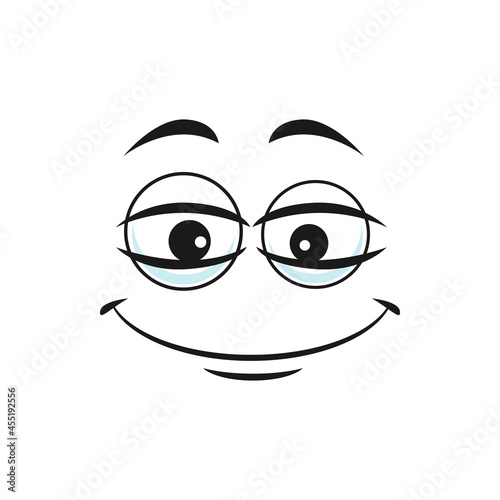 Happy kind emoticon with broad smile and big eyes isolated icon. Vector gentle nice happy emoji with satisfied smile, gesture of happiness and pleasure. Cheerful comic gracious smiley line art