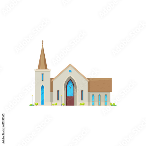Church or chapel of cathedral, christian religion building and vector architecture. Catholic or evangelic ancient chapel or parish church with cross on steeple campanile and stained glass windows