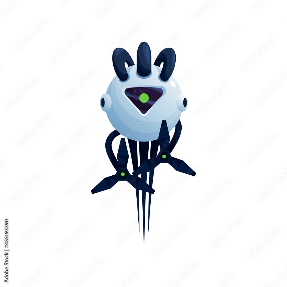 Fototapeta premium Drone robot with camera and propellers isolated 3D icon. Vector digital video camera and propellers, flying delivery drone, robotic android. Futuristic cyborg in space, quadcopter with photo camera