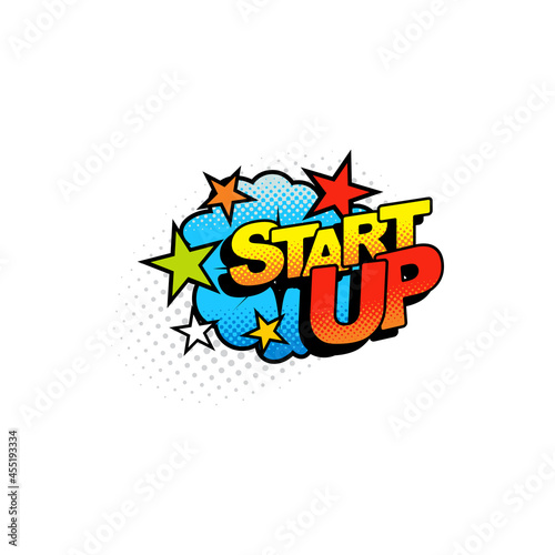 Comic burst startup start up chat halftone cloud with stars isolated flat cartoon icon. Vector get started game or project expression, communication speech bubble burst message pop art retro style