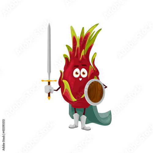 Pitaya fruit superhero cartoon character, vector tropical dragonfruit in super hero costume. Dragon fruit pitahaya as knight warrior or guardian soldier with shield and sword, food superpower