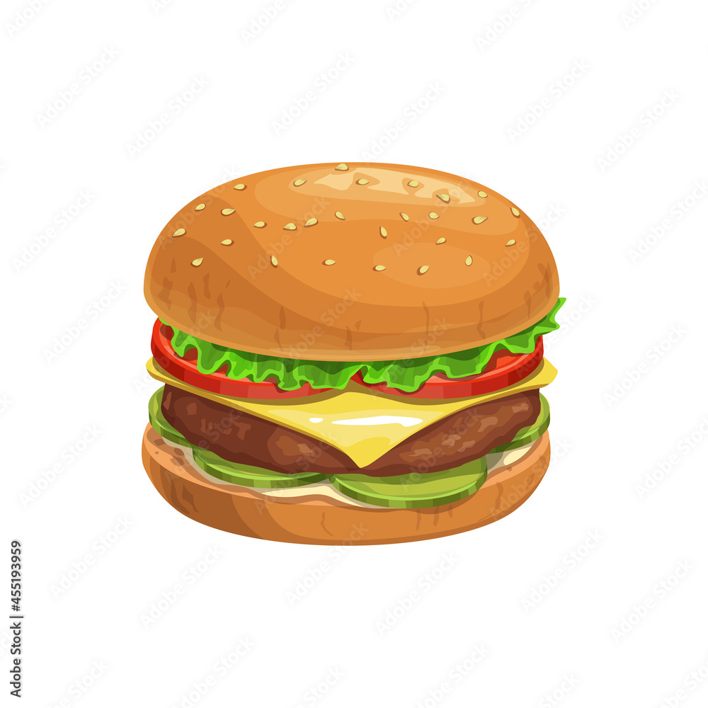 Cheeseburger burger, fast food sandwich menu vector isolated icon. Fastfood restaurant or street food bistro sandwich snack or meal, hamburger or burger on sesame bun with meat patty and cheese Cheeseburger burger, fast food sandwich menu vector isolated icon. Fastfood restaurant or street food bistro sandwich snack or meal, hamburger or burger on sesame bun with meat patty and cheese