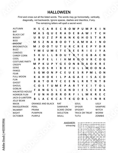 Halloween word search puzzle (English language). Answer included.
