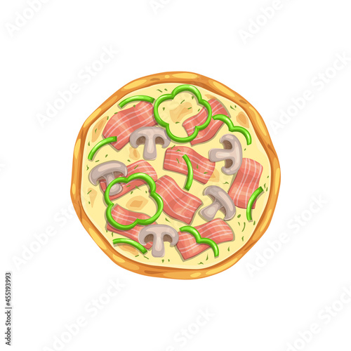 Pizza, pizzeria fast food icon for menu, vector isolated. Italian cuisine restaurant, pizzeria and fastfood meals, pizza Capricciosa with bacon ham and mushrooms