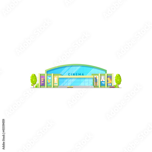 Cinema theater movie, building hall icon, vector house entrance front with billboards. City entertainment architecture exterior and facade, modern cinema theater or movie theatre