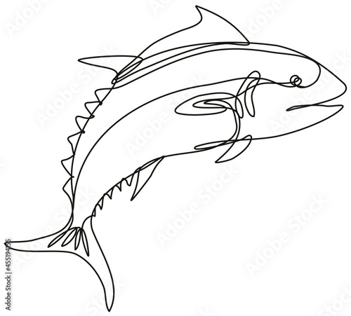 Continuous line drawing illustration of a bluefin tuna jumping side view done in mono line or doodle style in black and white on isolated background. 
