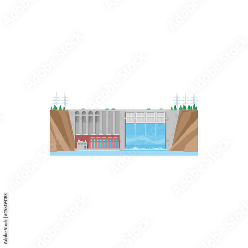 Hydroelectric power plant, water energy station, vector hydro dam. Electricity generation, hydro power plant and renewable energy building icon, hydropower factory and electric turbine supply