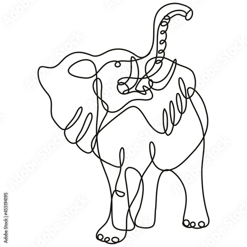 Continuous line drawing illustration of an African elephant charging front view  done in mono line or doodle style in black and white on isolated background. 