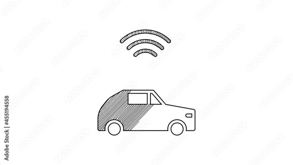 Black line Smart car system with wireless connection icon isolated on white background. 4K Video motion graphic animation Black line Smart car system with wireless connection icon isolated on white background. 4K Video motion graphic animation