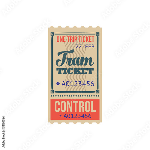 Tram ticket on one trip isolated template. Vector city transport services pass with validation of use, numbered card with control cutting line. Passenger boarding pass on tram urban transportation