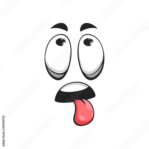 Cartoon face with sticking tongue, vector smile emoji facial expression with goggle eyes looking up and open mouth. Funny character feelings isolated on white background