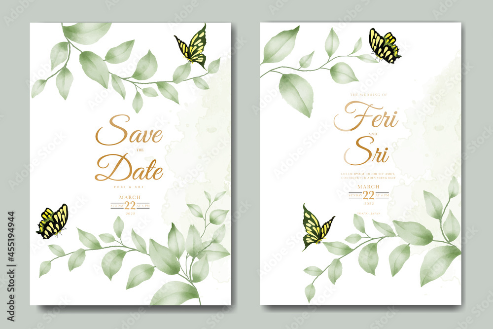 beautiful floral leaves wedding invitation card watercolor