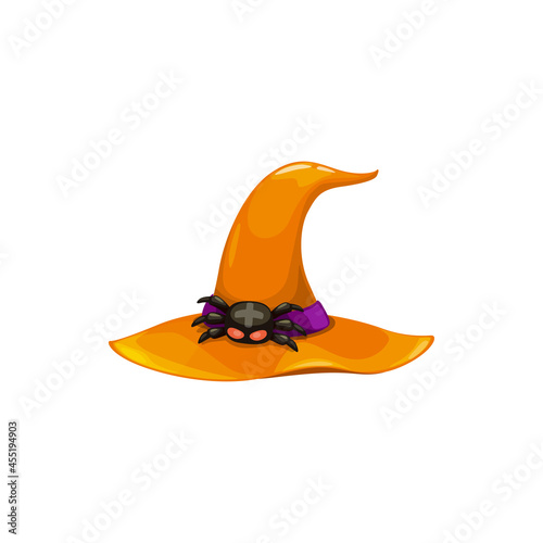 Cartoon witch hat vector icon, orange magician headwear with scary spider with cross on back as buckle. Fantasy halloween costume, wizard cap isolated on white background