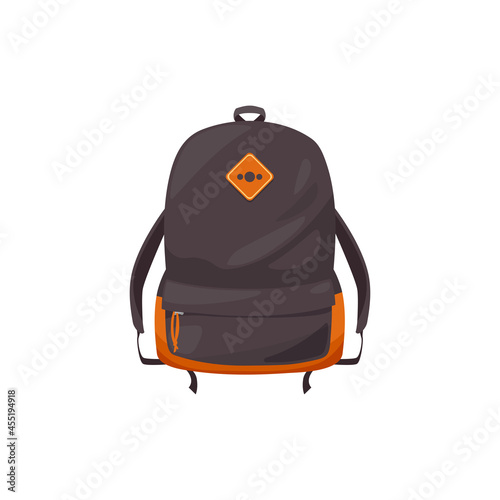 Kids schoolbag isolated vector icon, cartoon rucksack of brown and orange colors. Student or hiking backpack, touristic knapsack or school bag with label on white background