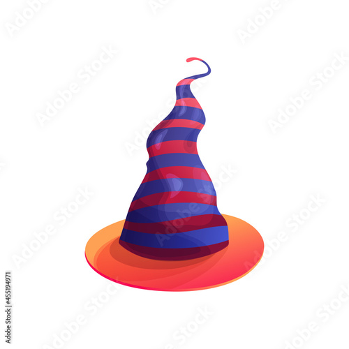 Cartoon witch hat vector icon, magician headwear with red and purple stripes and wavy crown, halloween costume, wizard cap isolated on white background