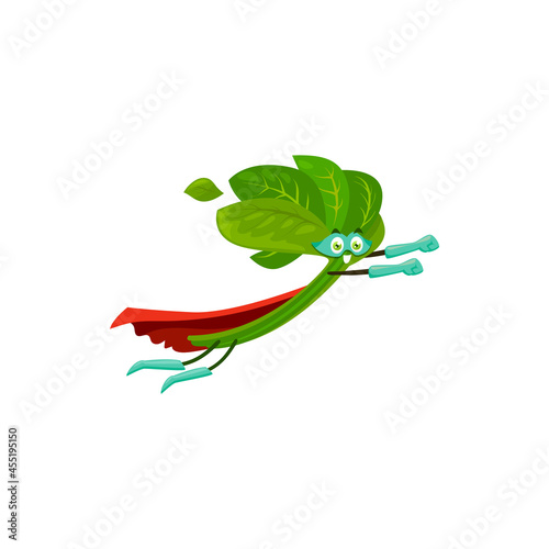 Cartoon spinach super hero isolated vector icon. Vegetable or greenery personage in cape and mask flying, funny fairytale character, healthy food, vitamin superhero