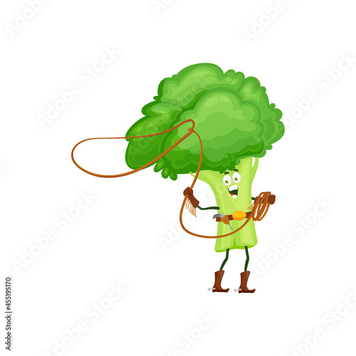 Cartoon broccoli cowboy isolated vector icon funny vegetable with lasso and gun wear boots with spurs. Fantasy character, healthy food, vitamin super hero personage