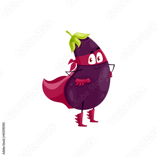 Cartoon eggplant super hero isolated vector icon. Funny vegetable in cloak and mask with arms akimbo. Fairytale character, healthy food, vitamin superhero personage