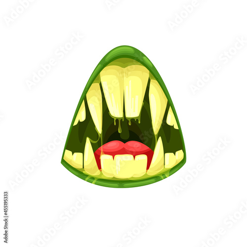 Monster mouth vector icon, creepy alien jaws with sharp teeth, huge fangs and red tongue and green lips with splashing saliva. Halloween creature, orc roaring mouth isolated on white background