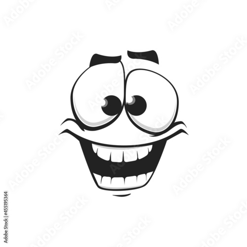 Cartoon face isolated vector icon, wide smile facial emoji of funny stupid creature, happy emotion, comic face with toothy smiling mouth and round eyes