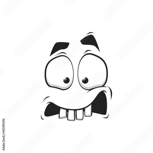 Cartoon face vector icon, frightened funny emoji, scared facial expression with wide open or goggle eyes and open toothy mouth with bite lip, fear feelings isolated on white background