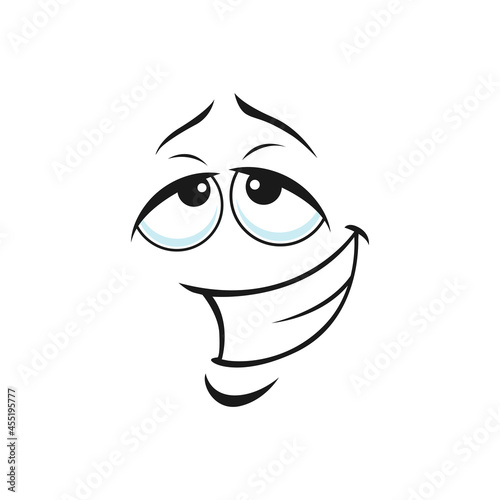 Wicked popped-eyed smiley, angry emoticon with smirked in triumph smile isolated icon. Vector smug, conceited, or silly smile, self-confident emoticon head, suspicious kind face, big eyes