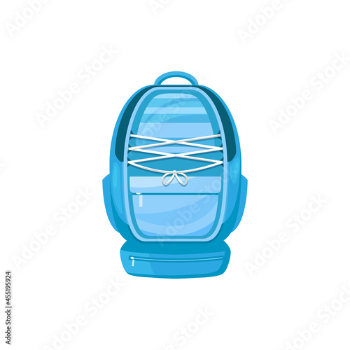 Kids schoolbag isolated vector icon, cartoon student rucksack of blue color with slip pocket, lacing and zip locks. Hiking backpack, touristic knapsack or school bag on white background