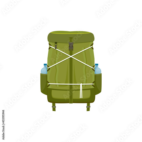 Camping backpack, hiking rucksack vector icon, touristic knapsack equipment of green color with water bottles in pockets and lacing isolated on white background. Sport or travel luggage cartoon sign