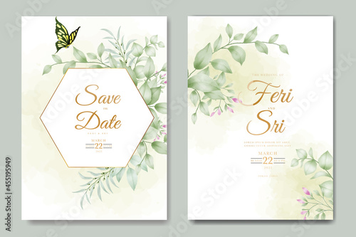 beautiful floral leaves wedding invitation card watercolor