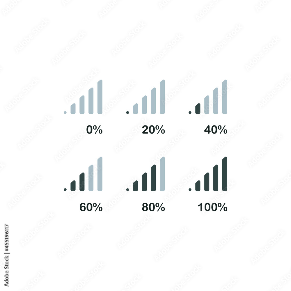 Signal strength indicator set with percent number, mobile phone bar status icon. No signal symbol, network connection level sign isolated on white. Signal strength indicator set with percent number, mobile phone bar status icon. No signal symbol, network connection level sign isolated on white.