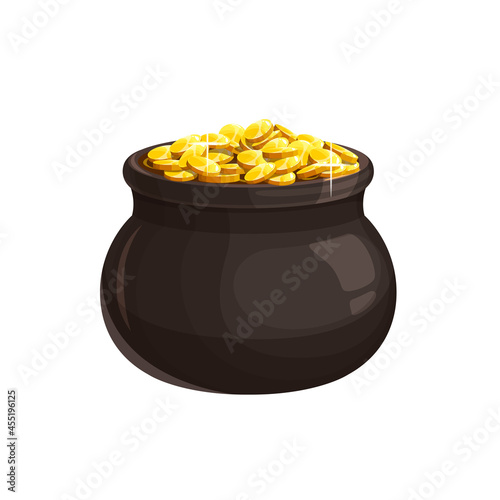Pot with gold vector icon, leprechaun treasure, cauldron with golden coins, money isolated on white background. Irish st. Patricks Day cartoon isolated symbol