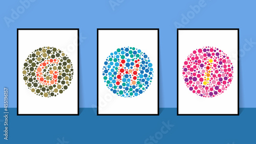 vector graphic of color blind Test. Ishihara Test daltonism color blindness disease perception test letter G, H and I blindness test set.