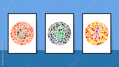 vector graphic of color blind Test. Ishihara Test daltonism color blindness disease perception test letter G, H and I blindness test set.