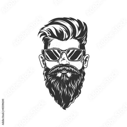 Elegant unshaved retro man in sunglasses isolated hipster with stylish haircut monochrome icon. Vector dj or musician in glasses, brutal handsome guy with beard and moustaches, barbershop symbol