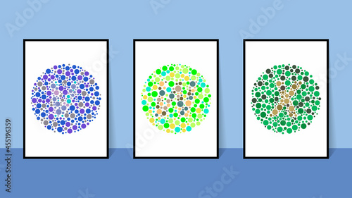 vector graphic of color blind Test. Ishihara Test daltonism color blindness disease perception test letter V, W and X blindness test set.