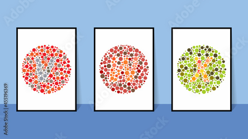 vector graphic of color blind Test. Ishihara Test daltonism color blindness disease perception test letter V, W and X blindness test set.