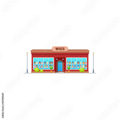Fototapeta Naklejka Na Ścianę i Meble -  Shop or store of wigs, woman hair salon building, vector isolated icon. Beauty and fashion wigs hair studio shop or store with woman head mannequins in window display showcase