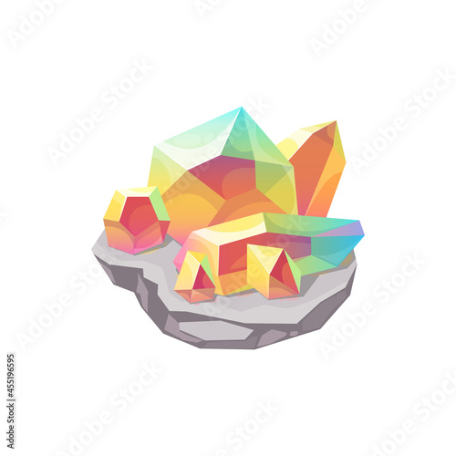 Crystal gem stone or gemstone jewel quartz, vector, magic rock diamond icon. Pink, blue and yellow mineral crystal stone, precious jewelry and shiny treasure, turquoise rhinestone glass