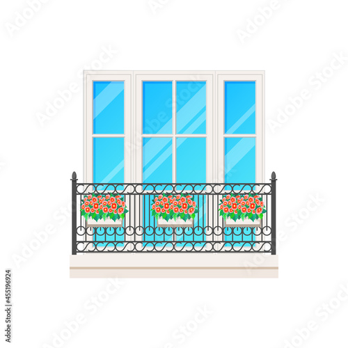 Balcony or window with fence railing, building architecture and house facade banister, vector. Glass windows and iron wrought lattice, apartments balcony or terrace porch with doors and flowers