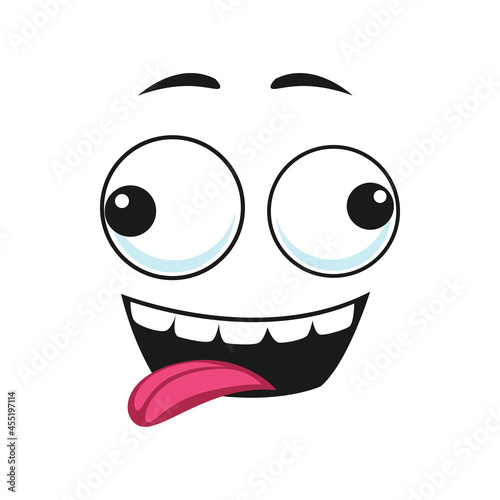 Stupid emoji with confused crazy eyes showing tongue isolated. Vector strange emoji, crazy idiot mascot. Cheerful person social network emoji, emoticon with silly eyes,awkward face expression