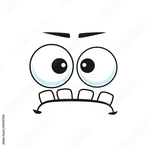 Strange stupid emoticon with broad tooth in mouth isolated icon. Vector strange indifferent person with popped eyes, emoticon with silly eyes, confused face expression. Crazy idiot, stupid smiley sign