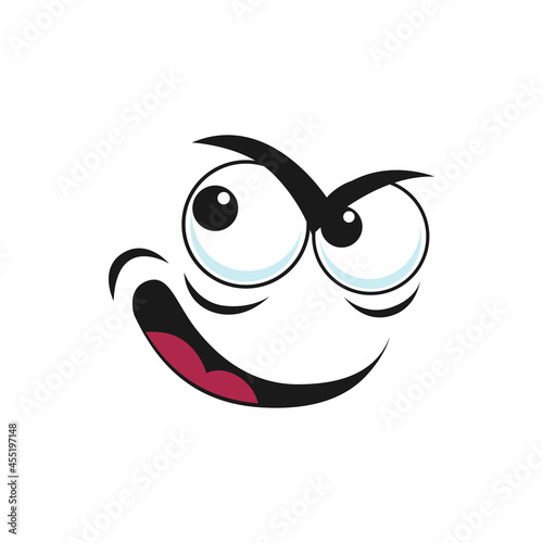 Insidious emoticon with angry face isolated icon. Vector distrusted sad mood emoji. Distrustful emoticon with big eyes and open mouth. Doubtful smiley, disbelief mistrusted emoji facial expression