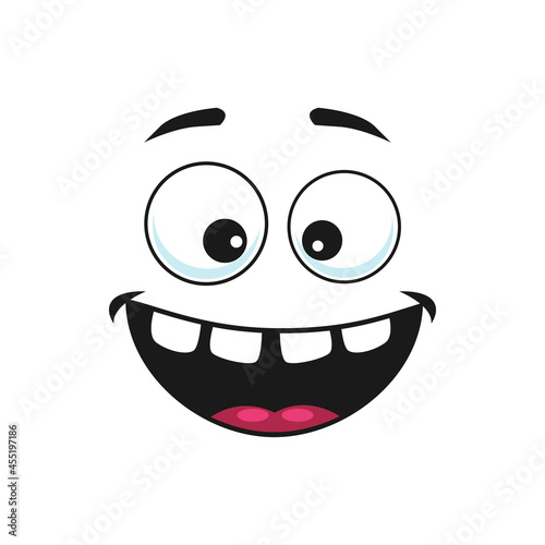 Strange emoji with broad smile, crazy idiot isolated icon. Vector cheerful person social network emoticon with facial expression of happiness, joy and gladness. Stupid emoji with rare teeth in mouth