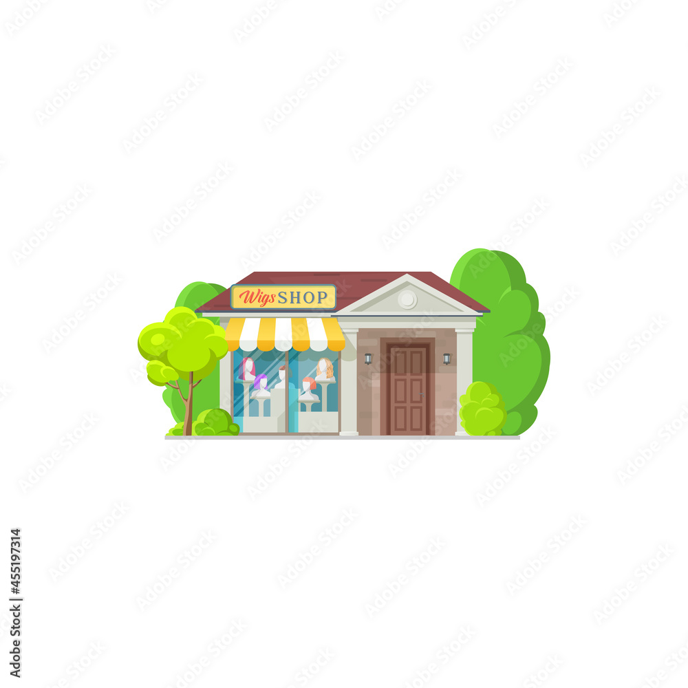 Wigs store isolated shop exterior building flat cartoon design. Vector most realistic human hair wigs shop colorful facade, fashion showroom. Boutique or mall building dummies with haircut Wigs store isolated shop exterior building flat cartoon design. Vector most realistic human hair wigs shop colorful facade, fashion showroom. Boutique or mall building dummies with haircut