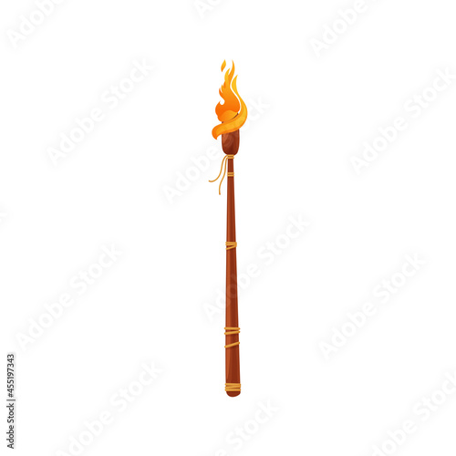 Flaming torch on wooden handle isolated flat cartoon icon. Vector burning ignite with fire, symbol of olympic paralympic games, olympiad mascot. Bright lit on stick, honor, freedom and achievement