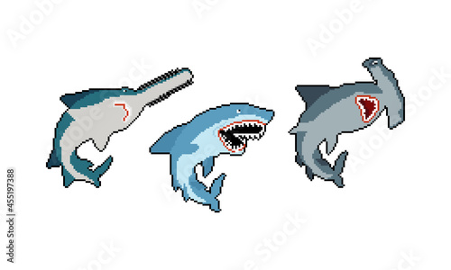 Shark set pixel art. Marine predator collection 8bit. Hammerhead shark and saw fish