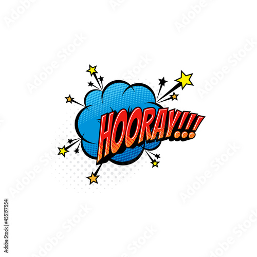 Hooray message comic label isolated burst explosion sign. Vector hooray bubble boom bang effect pop art design, express joy or approval in chat. Balloon with sound effect, communication comic bubble