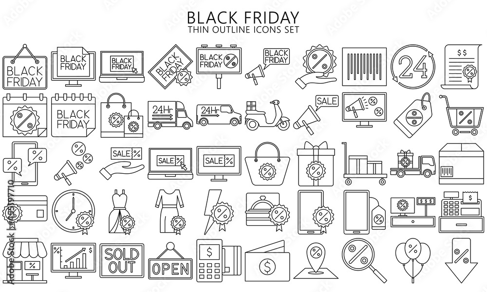 Black Friday thin outline Icon set isolated on a white background. store, discount, sales, marketing, shopping symbols for mobile apps, UI or UX kit and applications, EPS 10 ready convert to SVG
